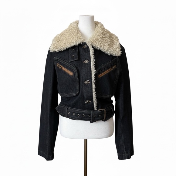 Steve Madden Dark Denim Jacket Plush Lapel Zip Sleeves Size M Timeless Mob Wife - Picture 3 of 14